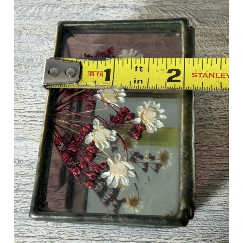 Vtg 1989 Leaded Beveled Glass Stain Glass Dried Flowers Trinket Box Hinged